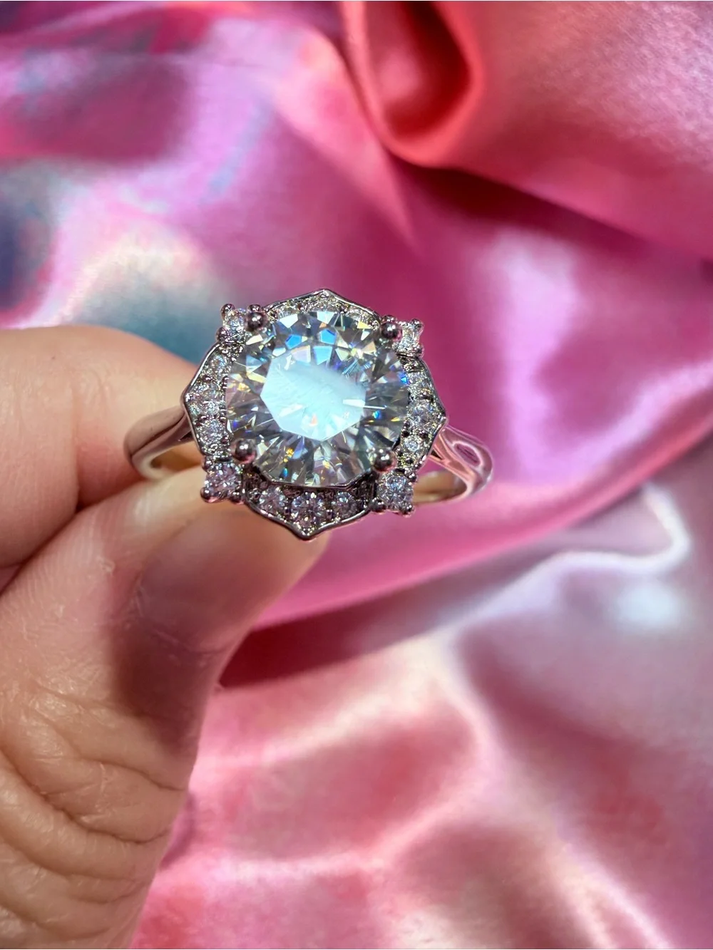 New Statement Moissanite 2 Carat 18 K Overlay with Sparkling Halo of Diamonds